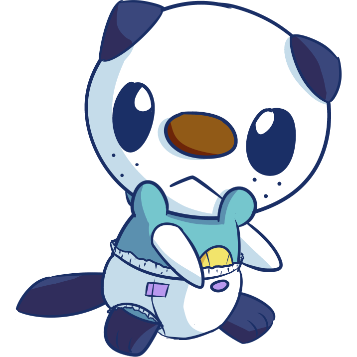 An Oshawott wearing a white diaper with purple tapes and highlights. They are facing quarter turn to their left but looking right at you with a neutral pouty-expression